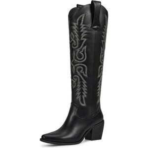 ⚡Womens Matte Black Faux Leather Cowboy Side Zipper Knee High  Chunky Heel Boots